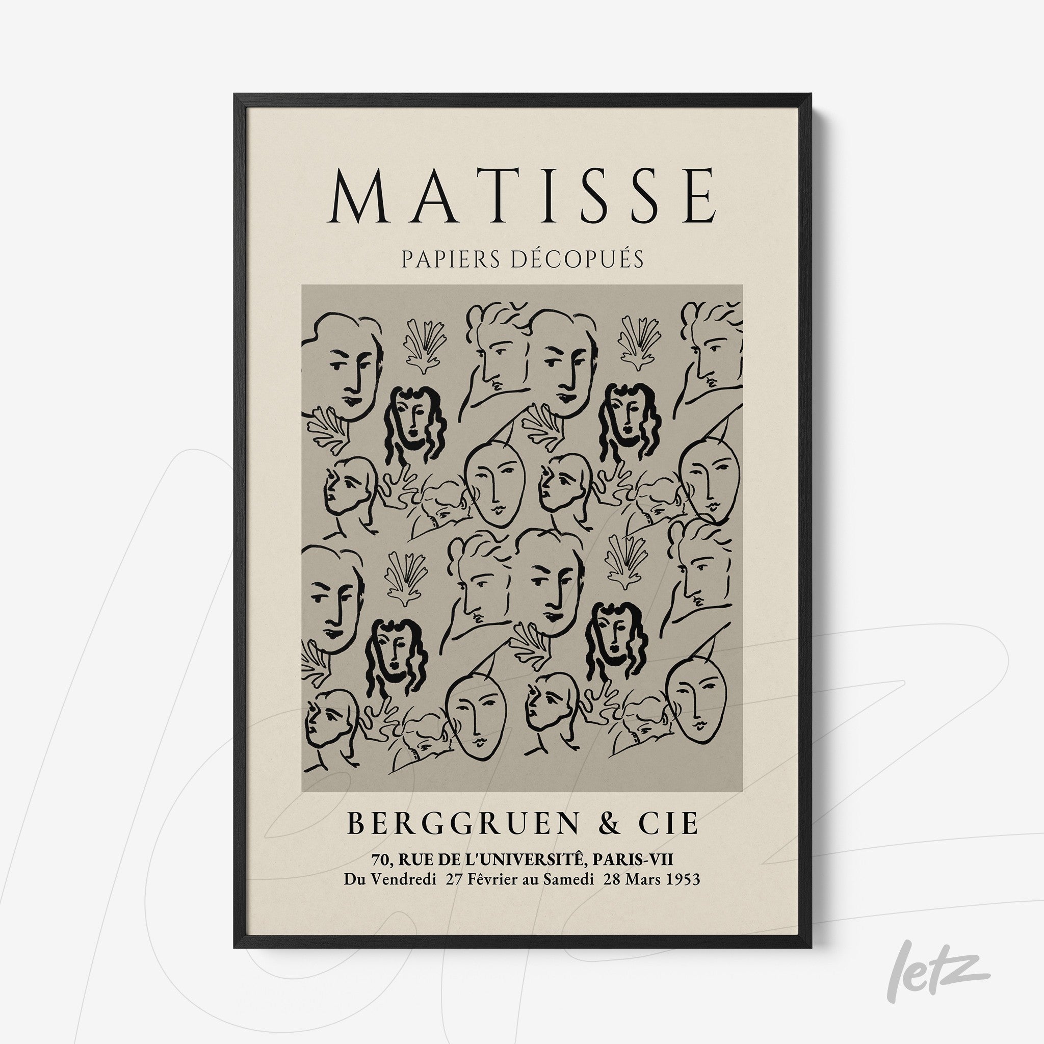 modern style framed artwork featuring feminine faces in black lines on a gray background with a black frame
