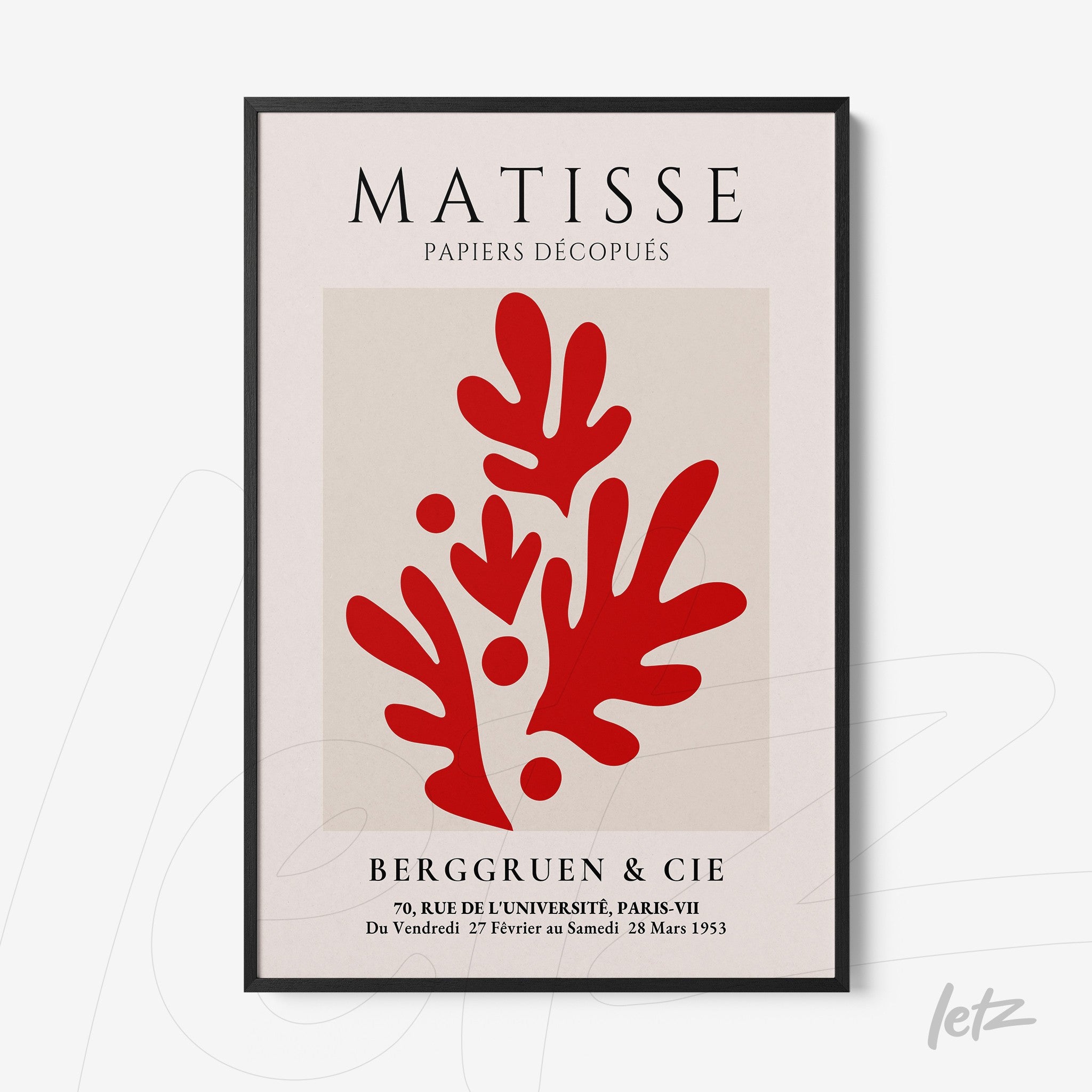 framed artwork inspired by Matisse featuring stylized red shapes on a light background with a black frame