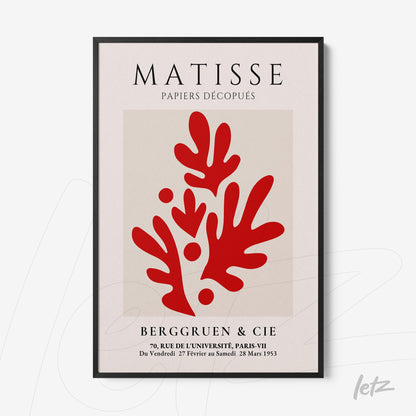 framed artwork inspired by Matisse featuring stylized red shapes on a light background with a black frame