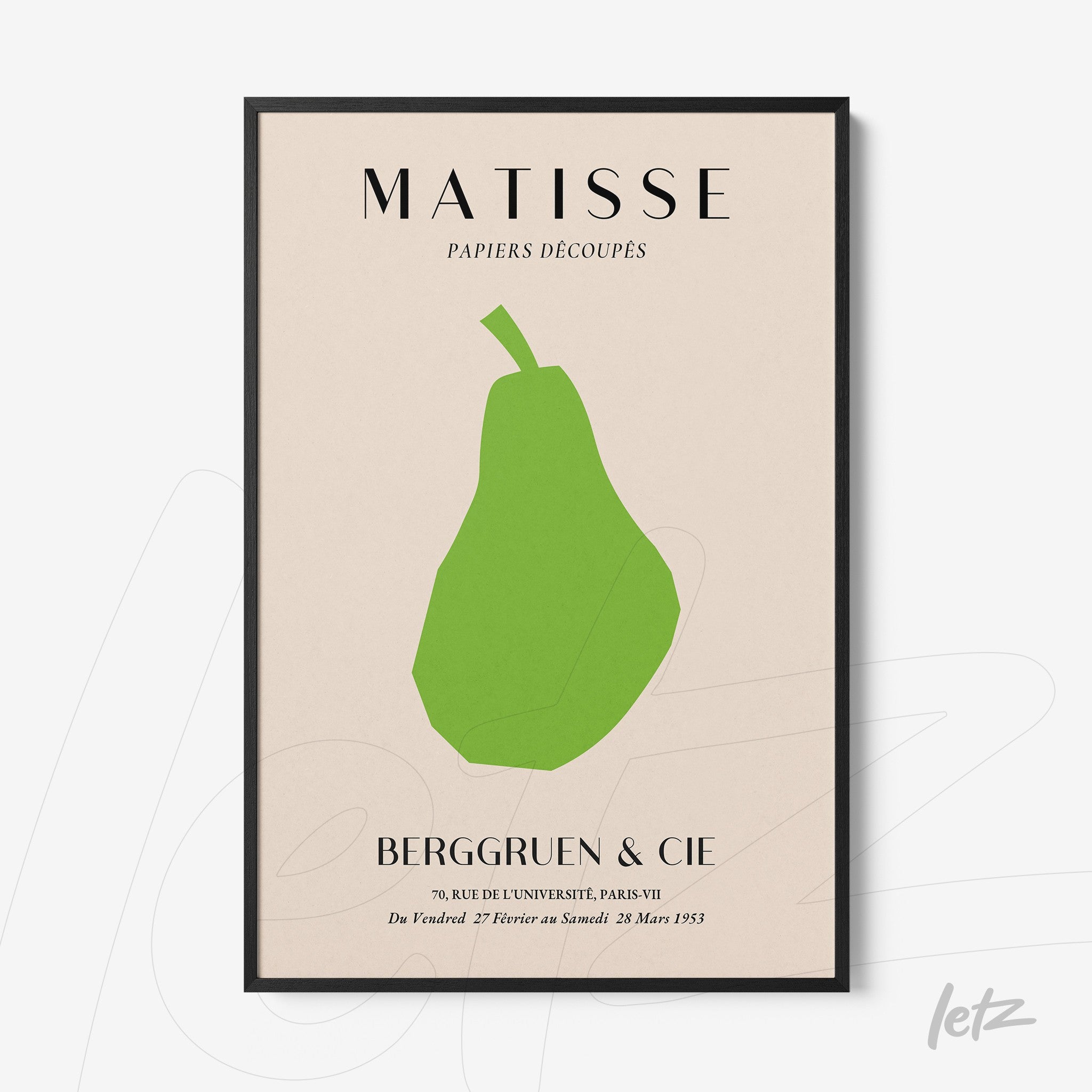 framed modern art print featuring a stylized green pear on a light background with black frame