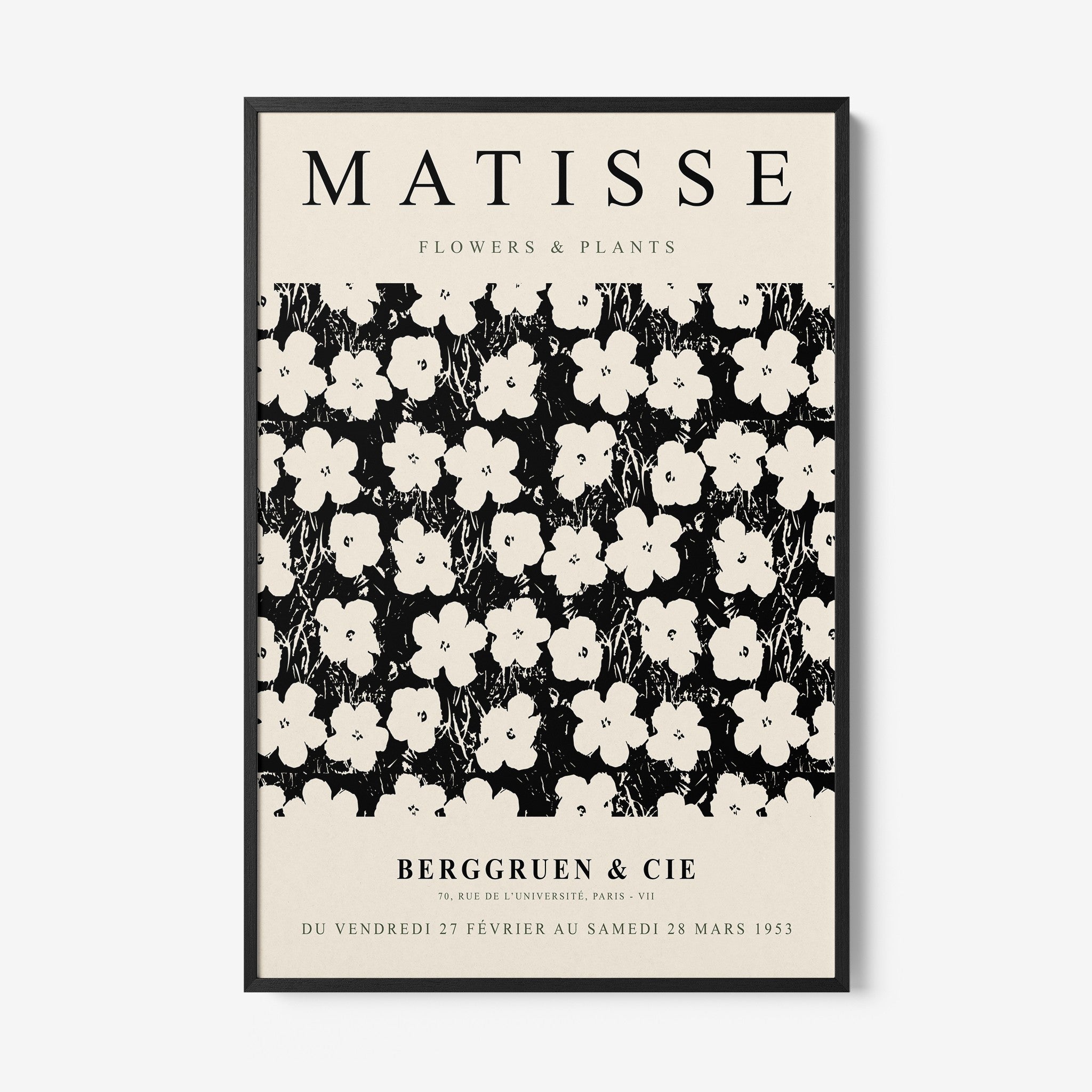 vintage style framed art featuring white flowers on a black background