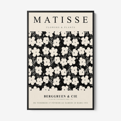 vintage style framed art featuring white flowers on a black background