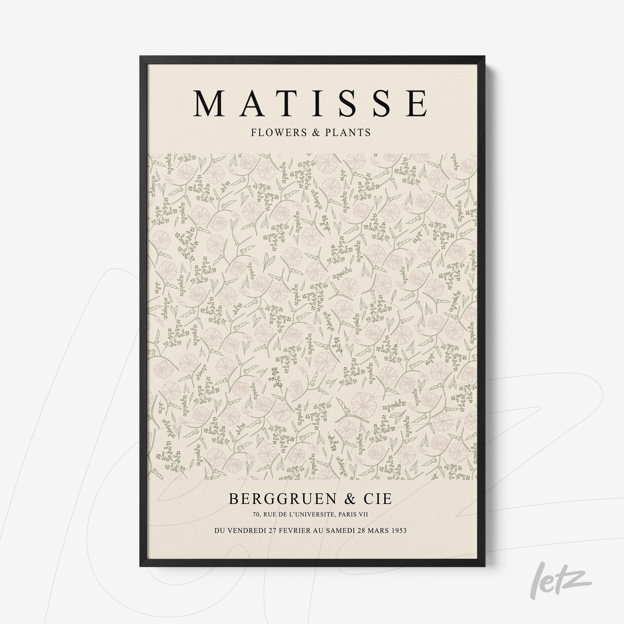 framed artwork featuring soft-toned floral design with textured background and black frame