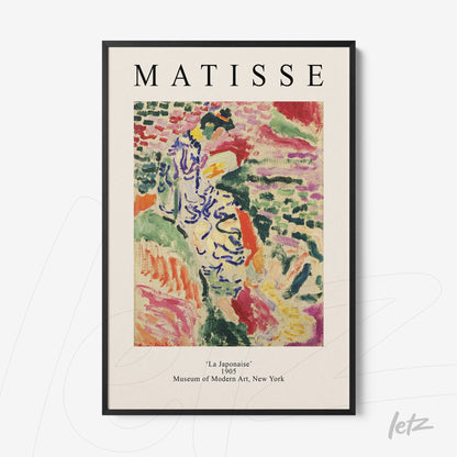 framed artwork by Henri Matisse titled 'La Japonaisé', featuring a stylized figure in vibrant colors and expressive strokes with a black frame