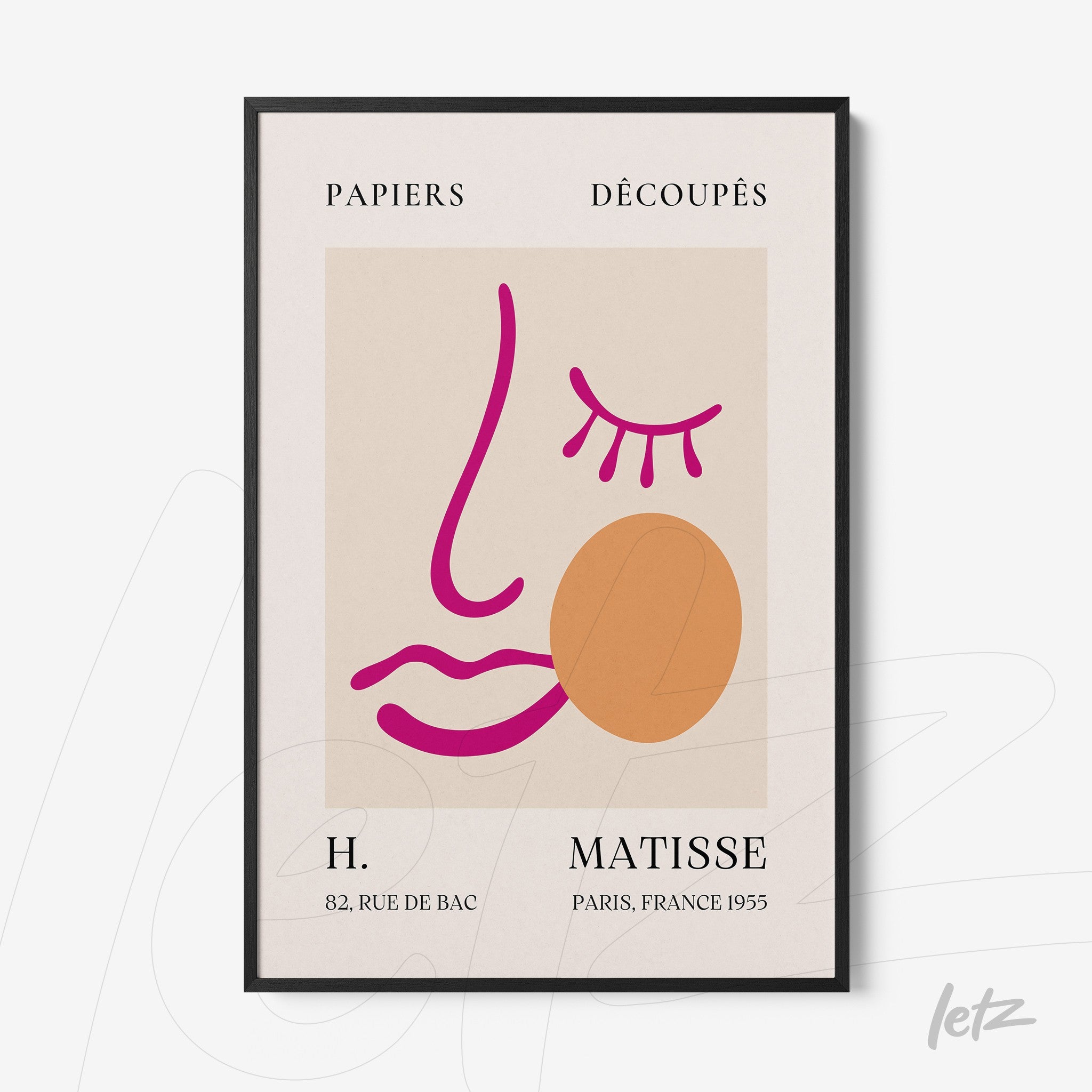 abstract art featuring a stylized face on a neutral background with black frame