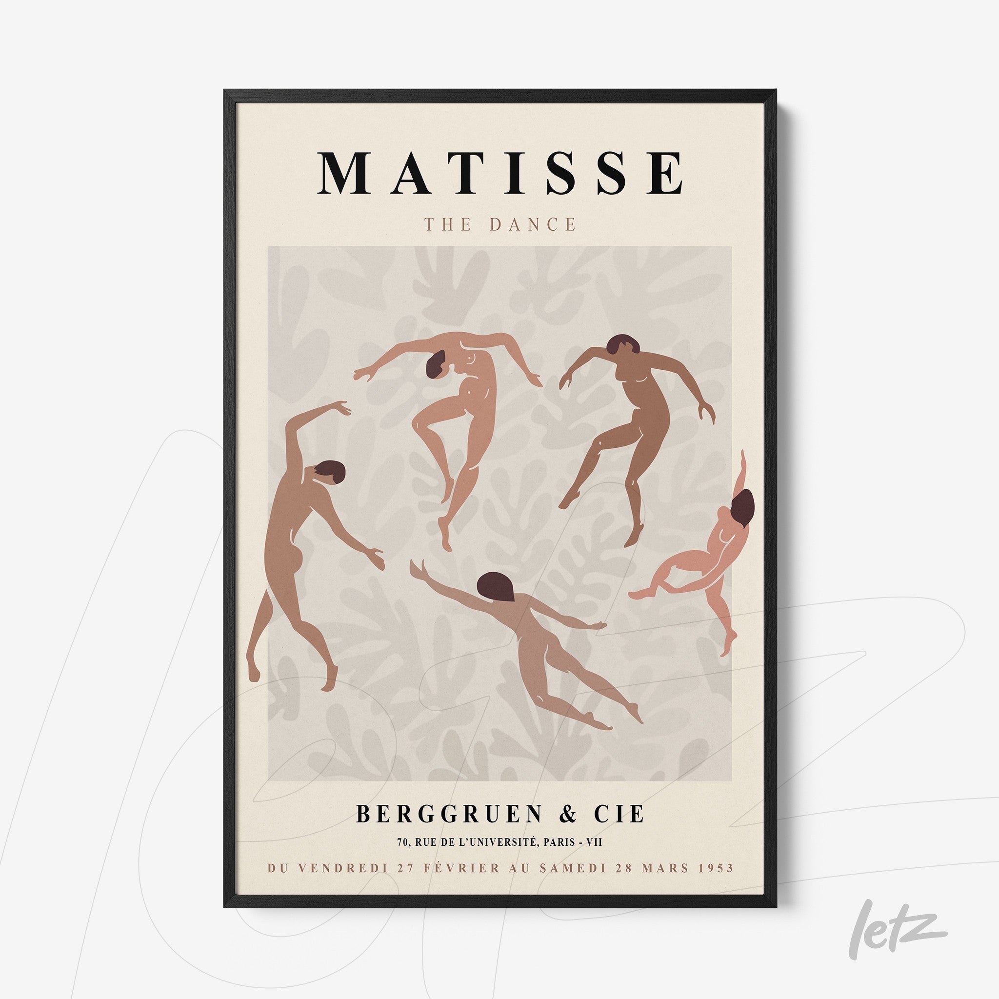 framed artwork featuring stylized dancing figures in earthy tones with black frame