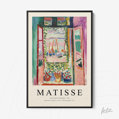 framed wall art of Matisse's 'The Open Window', featuring a vibrant view with flowers and a landscape in the background