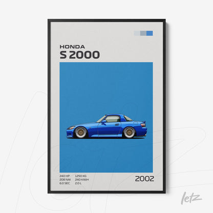 framed wall art featuring a digital illustration of a Honda S2000 sports car on a blue background