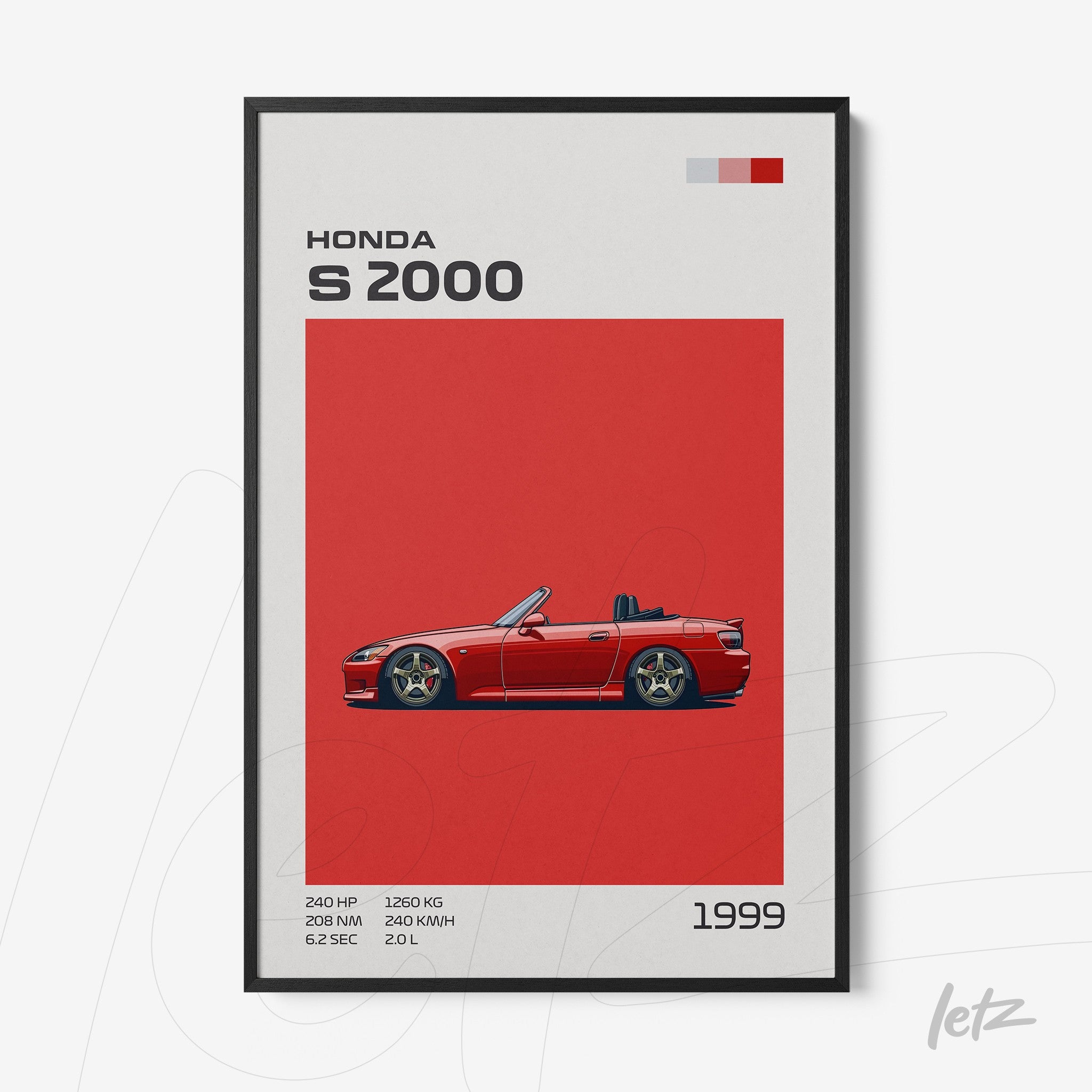 decorative wall art featuring illustration of Honda S2000 car on vibrant red background with black frame