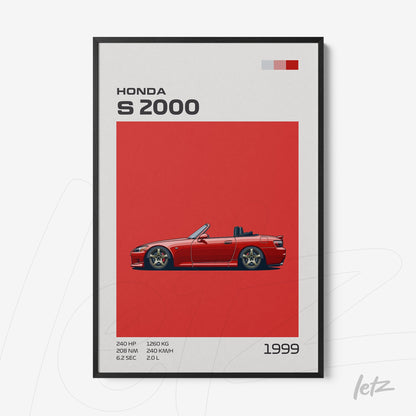 decorative wall art featuring illustration of Honda S2000 car on vibrant red background with black frame