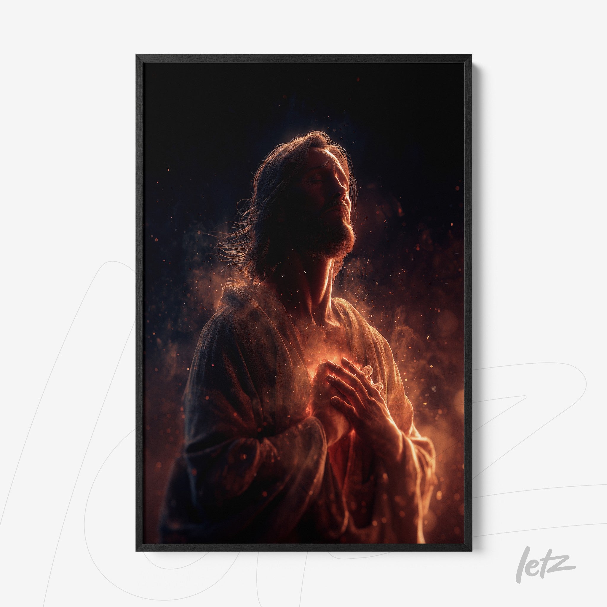 digital artwork of Jesus figure in warm tones framed in a sleek black frame with a dark background and glowing effects