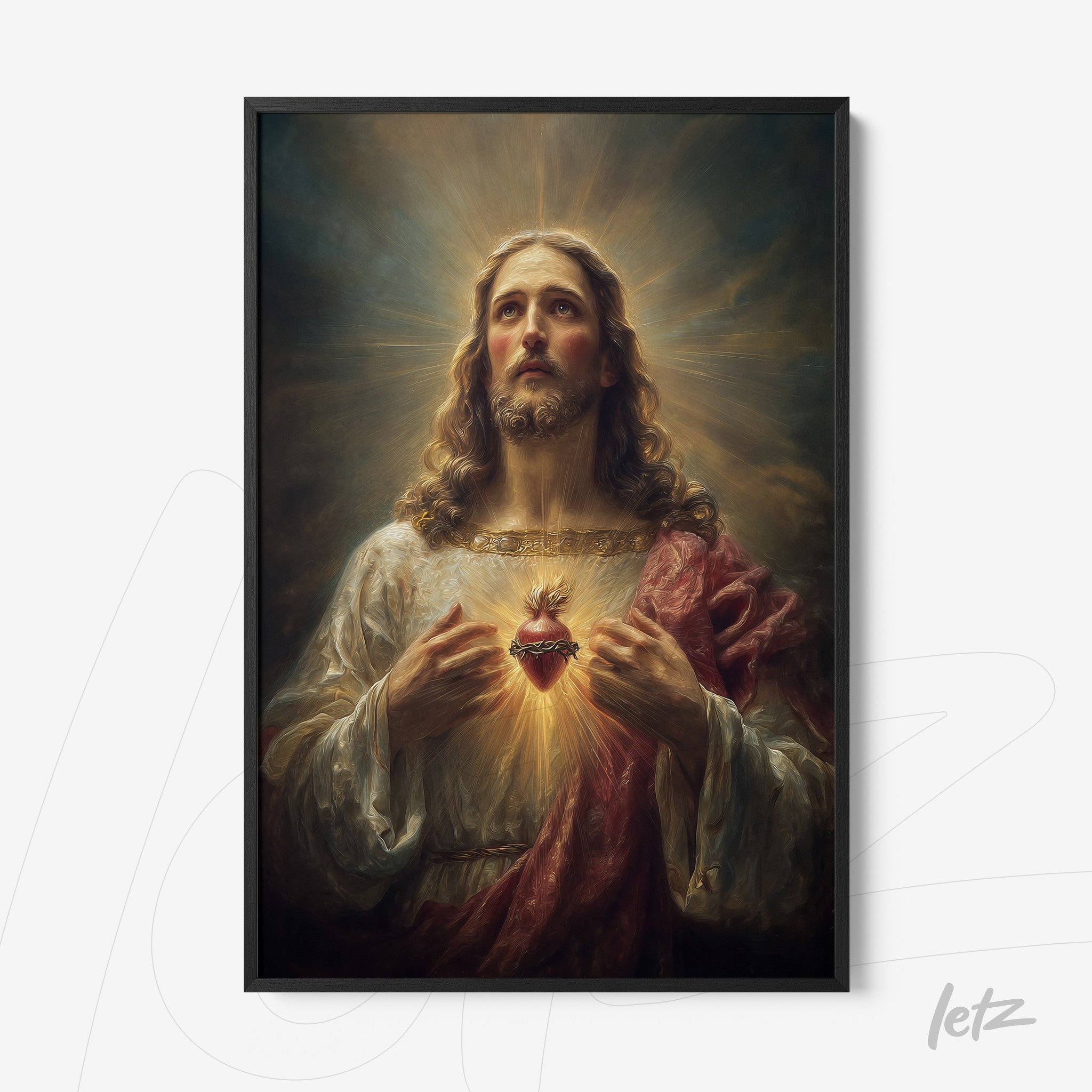 framed artwork of religious painting depicting Jesus Christ with the Sacred Heart against a dramatic background with rays of light
