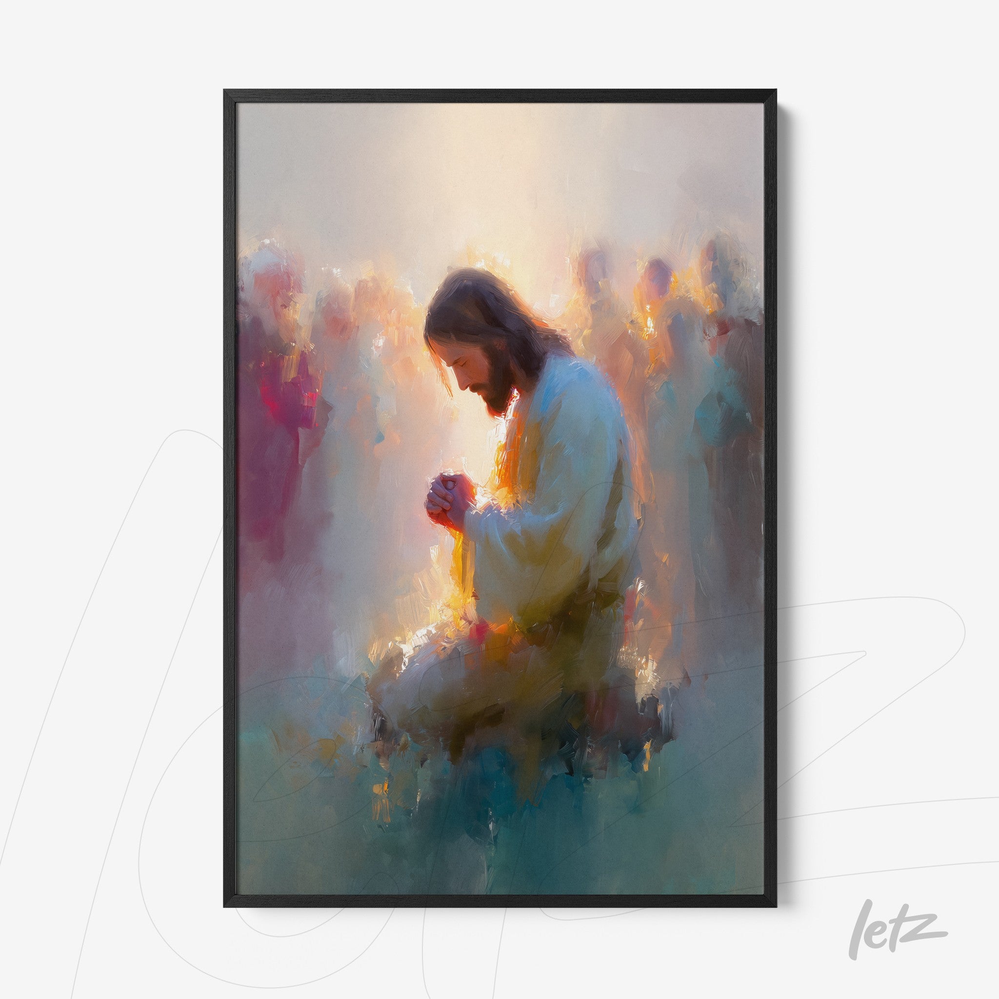 framed artwork of Jesus kneeling in prayer surrounded by softly illuminated figures in pastel colors