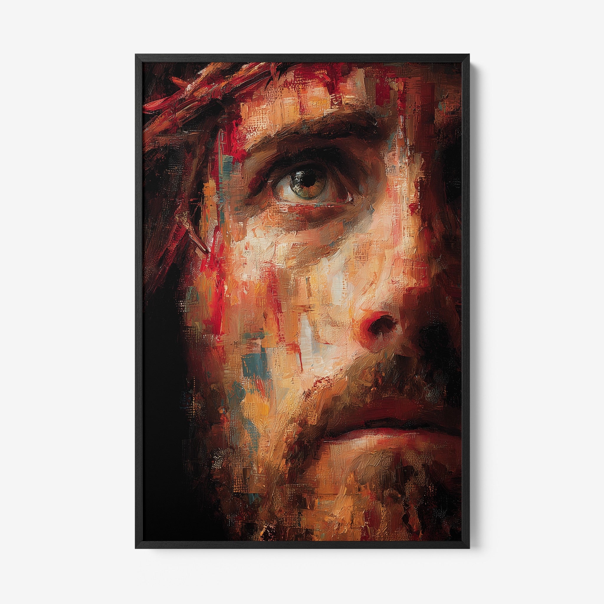 framed artwork featuring an intense portrait of a man with a contemplative expression and expressive artistic strokes