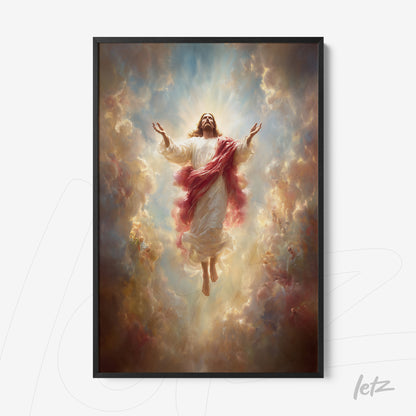 framed digital art of ascendant jesus christ with a black frame against a colorful cloudy celestial background