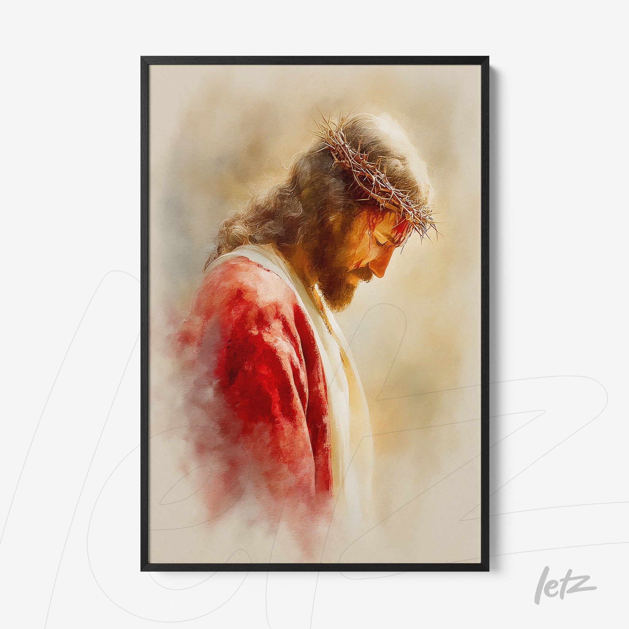framed wall art in watercolor style depicting Jesus with a crown of thorns and red robes, looking downwards