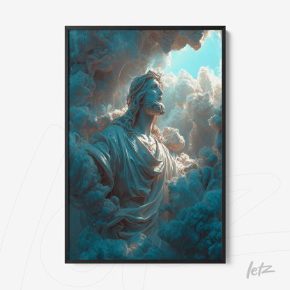 framed wall art of a celestial figure emerging among dramatic clouds