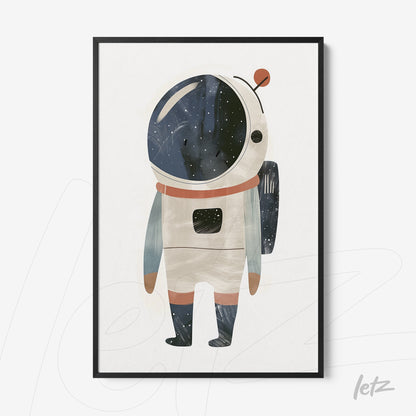 framed artwork featuring a stylized astronaut illustration with a black frame