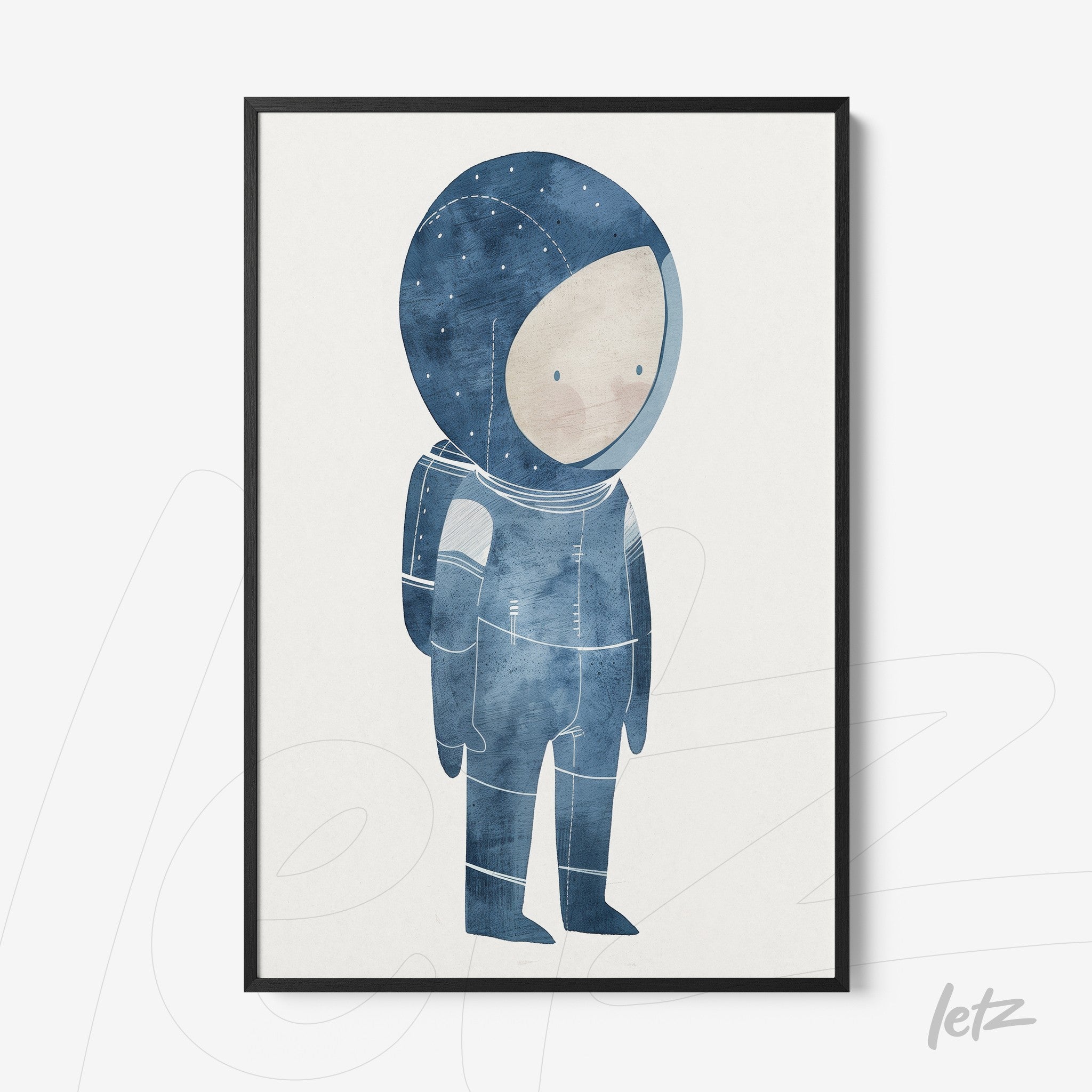 framed wall art featuring a blue-toned astronaut illustration with a sleek black frame