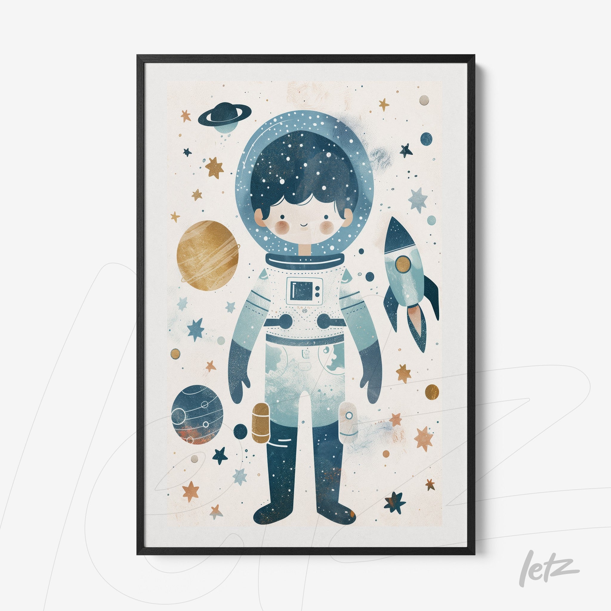 framed illustration of an astronaut in blue and green tones surrounded by planets and stars
