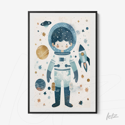 framed illustration of an astronaut in blue and green tones surrounded by planets and stars