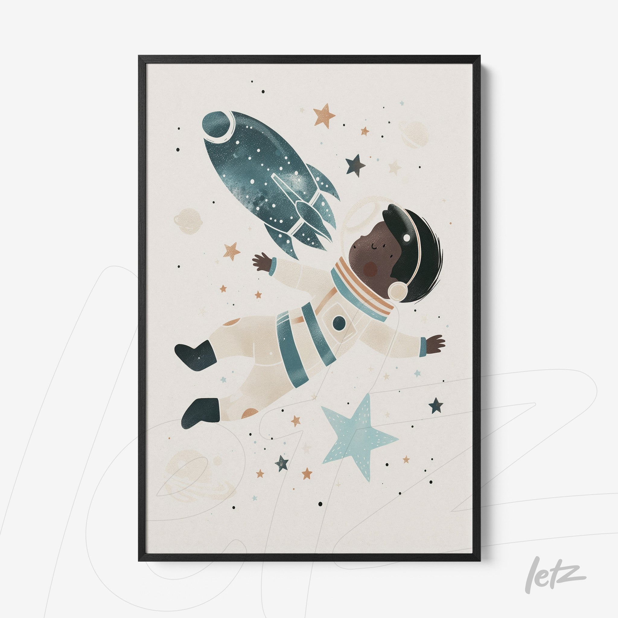 framed art featuring an astronaut floating in space surrounded by a rocket and stars with a black frame