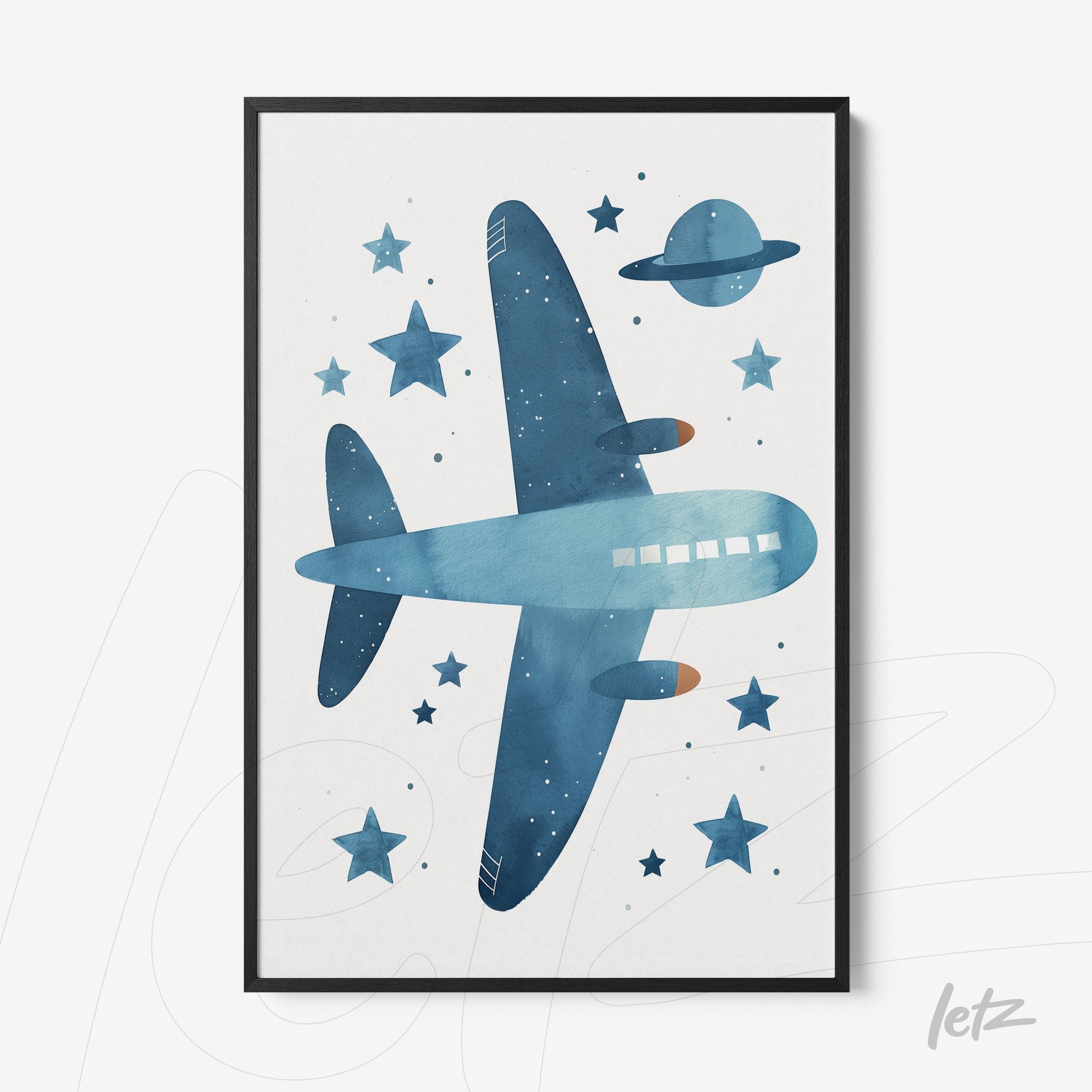 framed artwork featuring a blue airplane surrounded by stars and a planet, set in a black frame