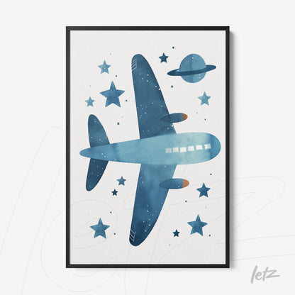 framed artwork featuring a blue airplane surrounded by stars and a planet, set in a black frame