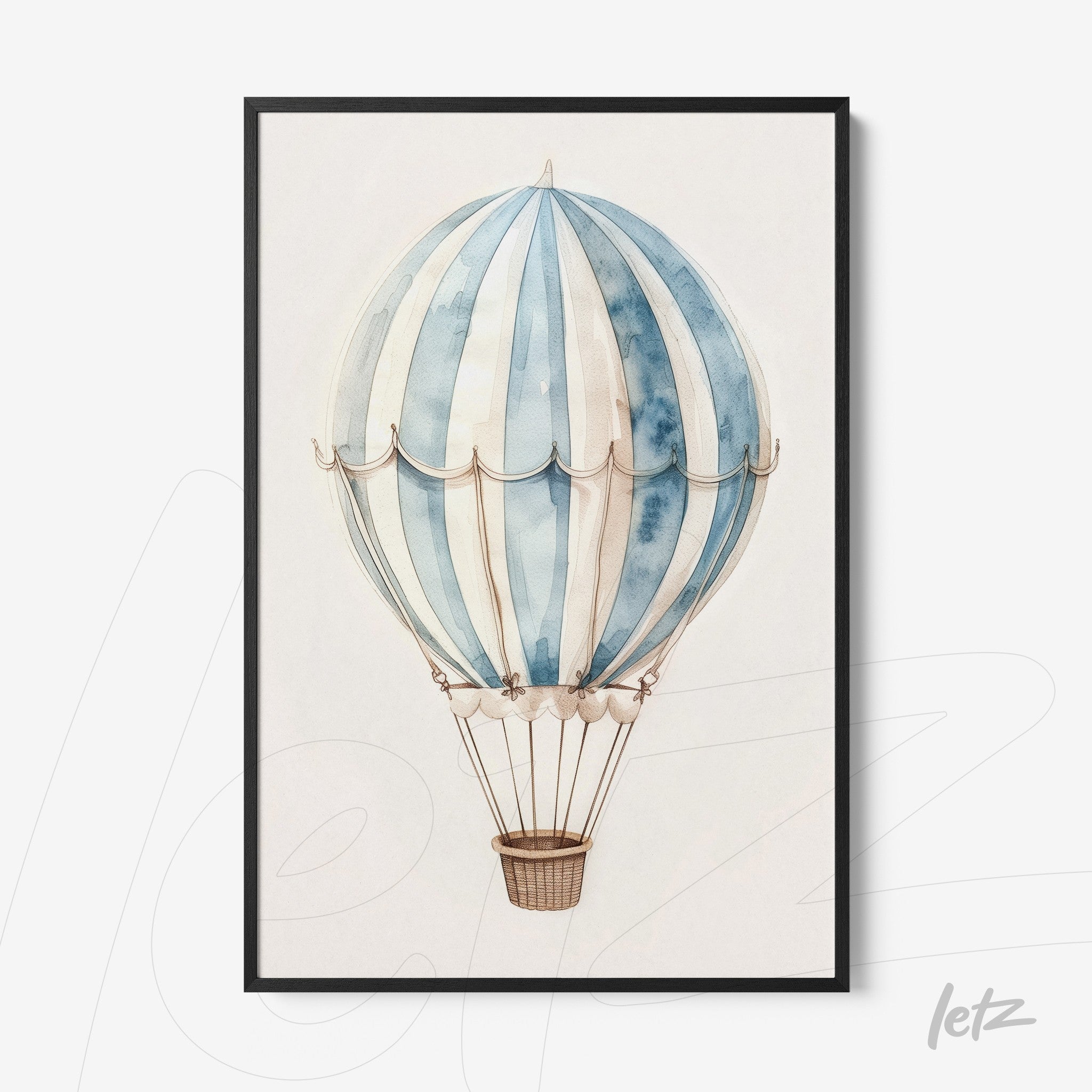 framed wall art featuring a hot air balloon illustration in blue and white tones