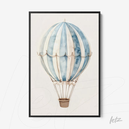 framed wall art featuring a hot air balloon illustration in blue and white tones