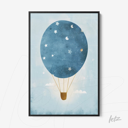 framed wall art featuring a hot air balloon against a light blue background with stars and clouds