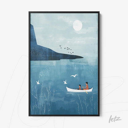 framed artwork featuring a minimalist illustration of a couple in a boat on a lake with a blue sky, mountain in the background, and flying birds
