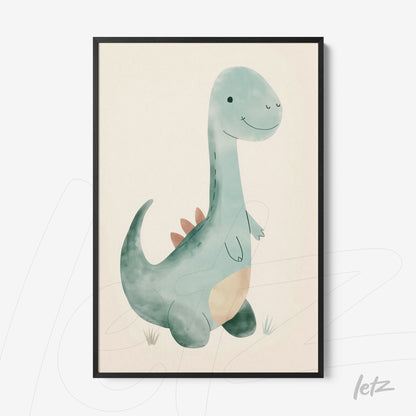 framed children's art featuring a cute dinosaur in soft colors