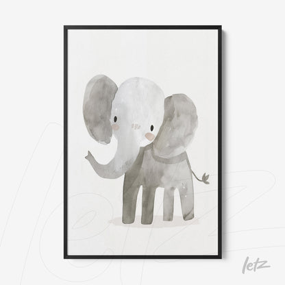 framed watercolor illustration of a cute elephant with a black frame