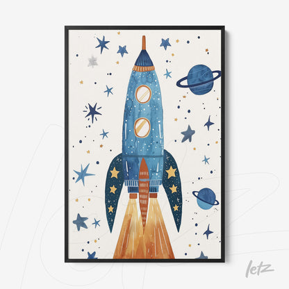 framed watercolor illustration of a blue rocket surrounded by planets and stars with a black frame