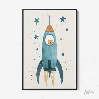 framed illustration of a cat inside a blue rocket with stars on a light background