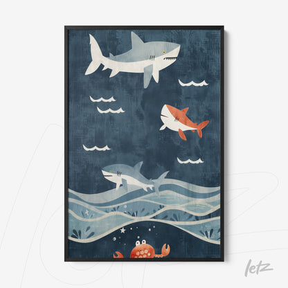 framed artwork featuring sharks in a blue background with white waves and a red crab at the bottom