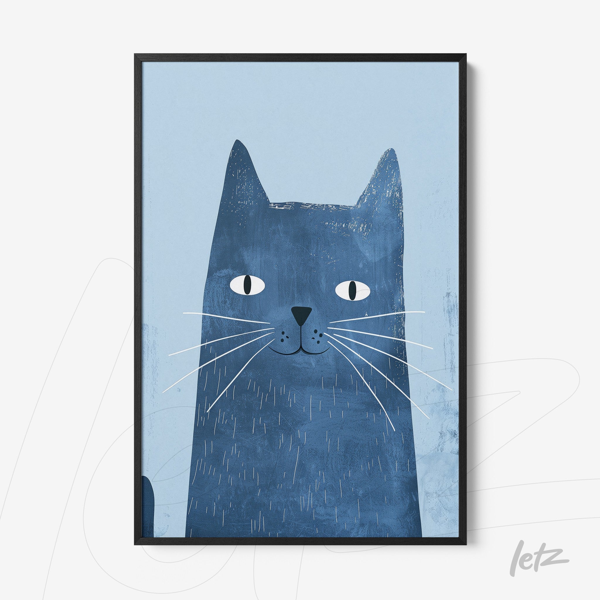 framed artwork featuring a blue cat illustration on a light blue background with a black frame