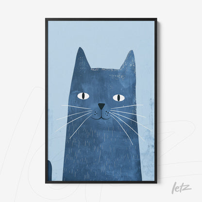 framed artwork featuring a blue cat illustration on a light blue background with a black frame
