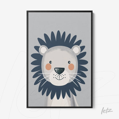 framed wall art featuring a cute lion illustration on gray background with black frame