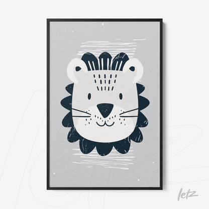 framed artwork featuring a lion's face in black and white on a gray background