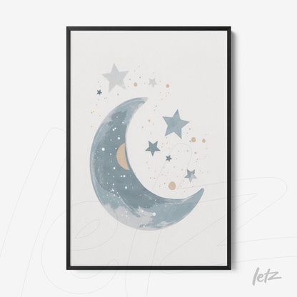 framed wall art featuring a crescent moon and stars on a light background with black frame