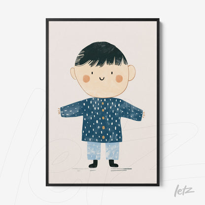 framed artwork of a smiling child wearing a blue polka dot coat and light pants