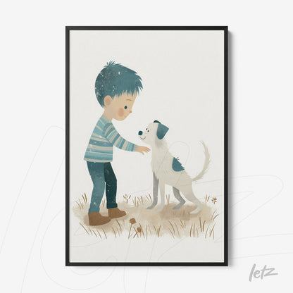 framed artwork of a boy interacting with a dog on a neutral background with black frame