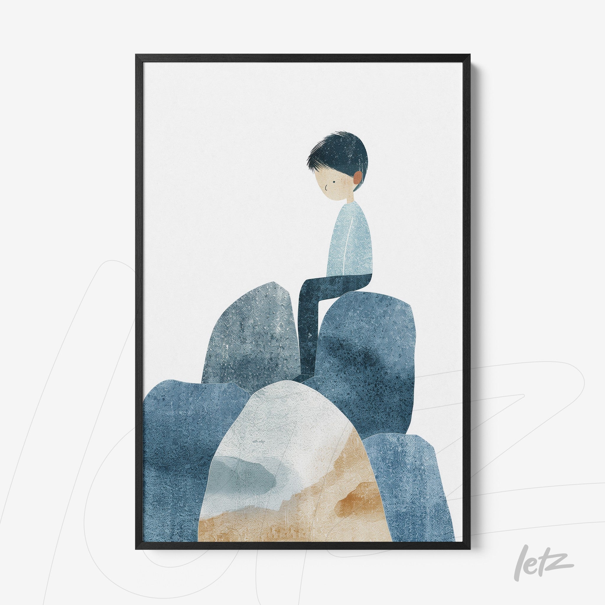 framed wall art featuring a child sitting on rocks in soft colors