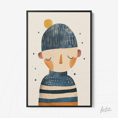 framed artwork of a stylized human figure wearing a beanie and striped sweater