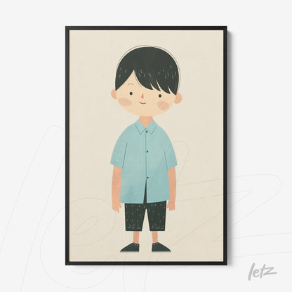 framed wall art featuring a smiling boy illustration with a blue shirt and black pants