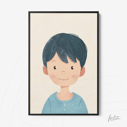 framed portrait of a smiling boy with black hair and blue shirt