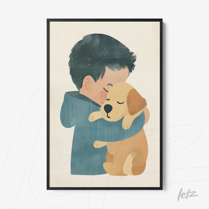 framed artwork of a boy hugging a dog in a black frame