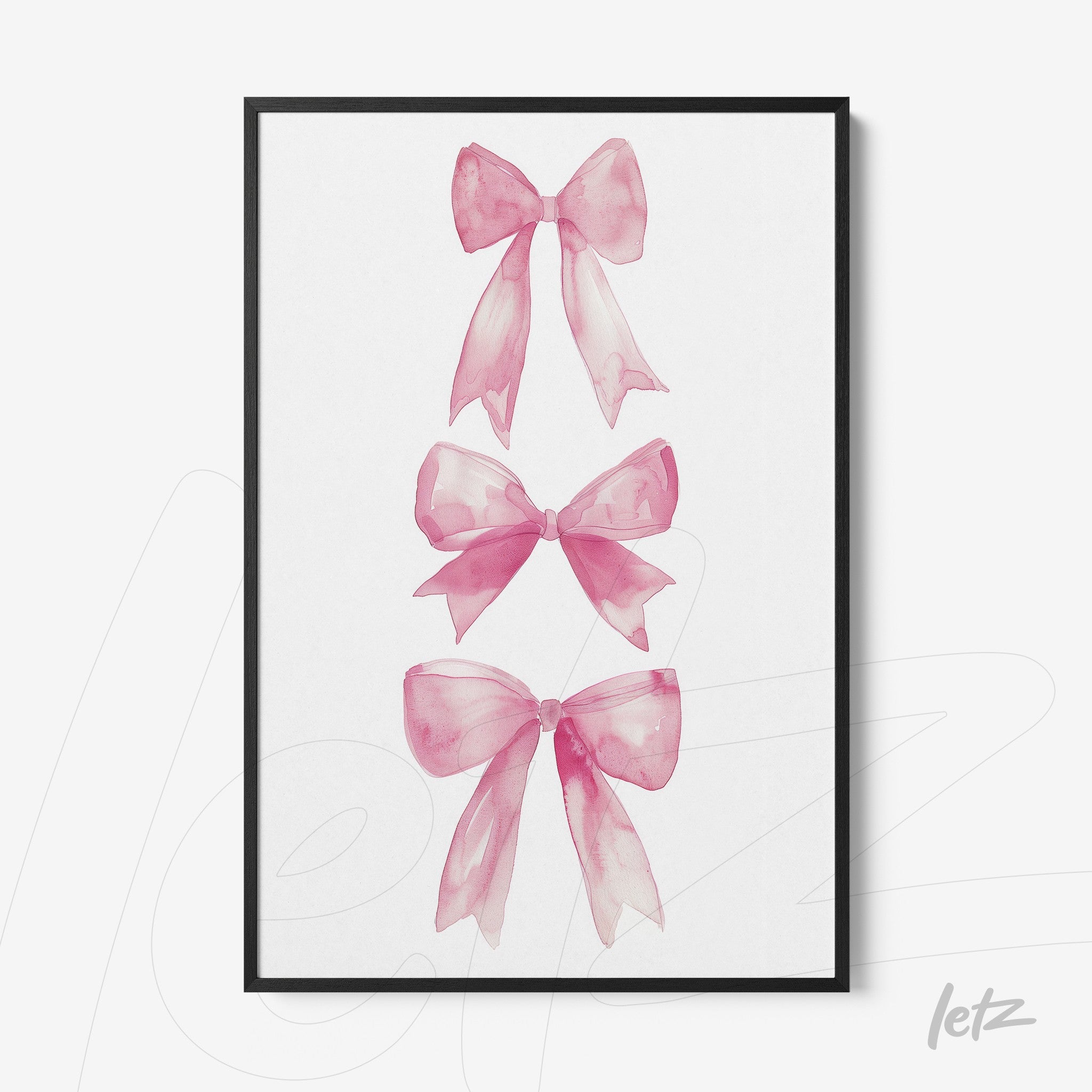 framed artwork featuring watercolor illustrations of pink bows with a black frame